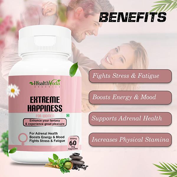 Health Veda Extreme Happiness 500 mg Veg Capsule for Women 60's - Herbal Dietary Supplement