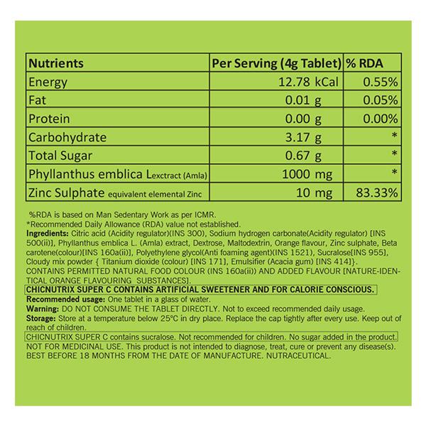 Chicnutrix Super C- Amla Extract and Zinc Effervescent Tablet - Orange Flavour (Pack of 3 x 60's) - Vitamin C