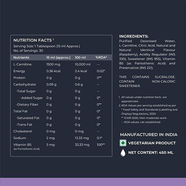 Nutrabay Pro L Carnitine +Vitamin B5 Liquid - Raspberry Blast 450 ml - Amino Acids