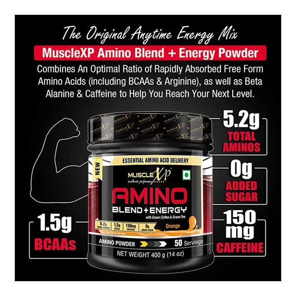 MuscleXP Amino Blend & Energy Powder - Orange Flavour 400 gm + Shaker 1's - Whey Proteins