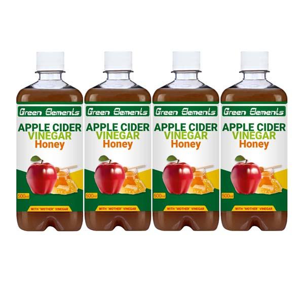 Green Elements Apple Cider with Mother Vinegar - Honey (Pack of 4 x 500 ml) - Apple Cider Vinegars