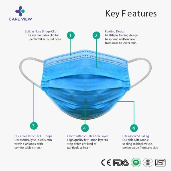 Care View 3 Ply Disposable Surgical Face Mask With Nose Pin - Blue 50's - Face Mask