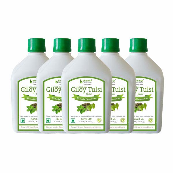 Bhumija Lifesciences Giloy Tulsi with Aloe Juice (Pack of 5 x 1 Litre) - Herbal Dietary Supplement