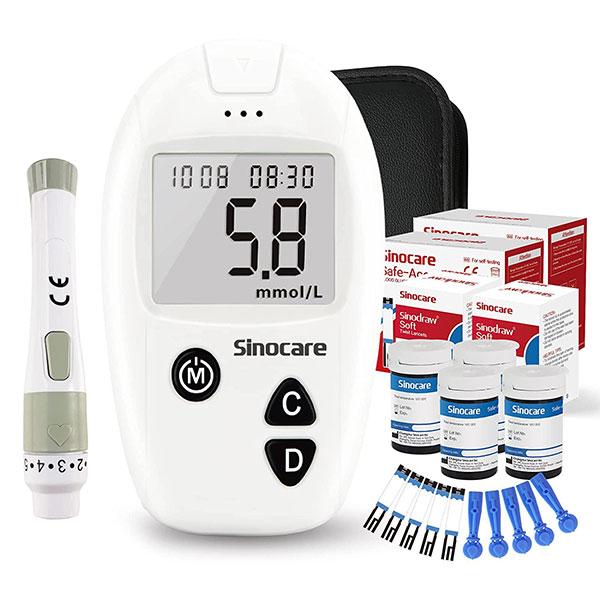 Sinocare Safe Accu Blood Sugar Monitor Test Kit (Test Strips 100's + Lancets 100's) 1's - Blood Glucose Monitors/Strips