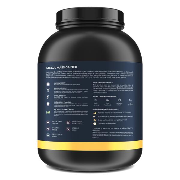 Nutrabay Gold Mega Mass Gainer Powder - Vanilla Ice Cream Flavour 2 kg - Weight Gain