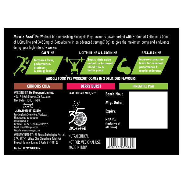Dr. Morepen Muscle Food Pre Workout 300 Powder - Pineapple Play 250 gm - Workout Essentials