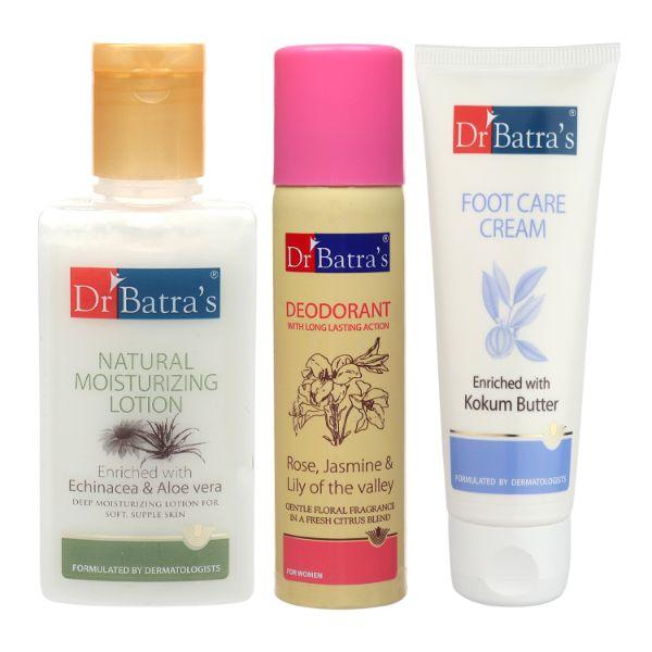 Netmeds | Dr Batra's Natural Moisturizing Lotion 100 ml + Deodorant 100 ml + Foot Care Cream 100 gm