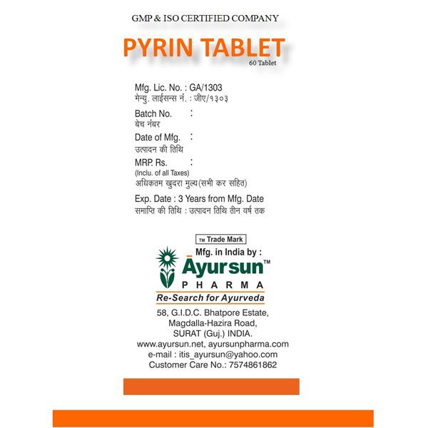 Ayursun Pyrin Tablet 60's - Speciality Medicines