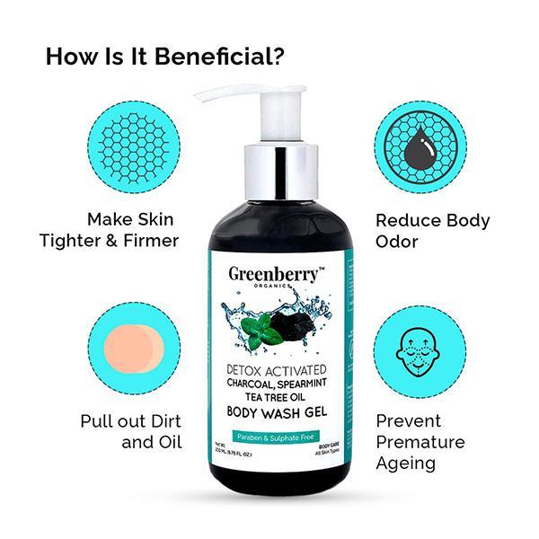 Greenberry Organics Body Wash Gel - Activated Charcoal, Spearmint & Tea Tree Oil 200 ml - Shower Gels & Body Wash
