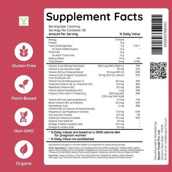Purna Gummies Prenatal Cranberry Flavor Gummies for Pregnancy with Vitamin K2 30's - Women Health