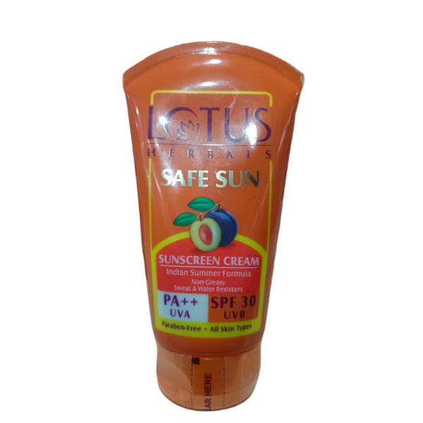 Netmeds | Lotus Herbals Safe Sun Sunscreen Cream PA++ Uva SPF 30 UVB 100 gm