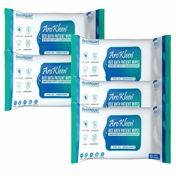 Netmeds | AroKleen Bed Bath Patient Wipes - Chlorhexidine (240 mm x 320 mm) (Pack of 5 x 10's) 1's