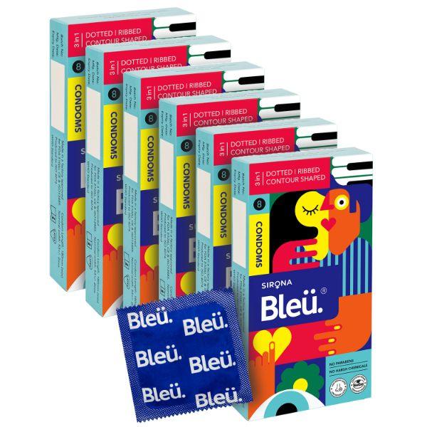 Bleu 3 in 1 High Grade Natural Latex Dotted Ribbed and Contour Shaped Condoms (Pack of 6 X 8's)