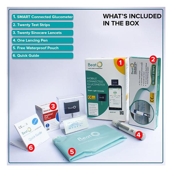 BeatO Smart Glucometer Kit (Mobile Connected Glucometer 1's + Test Strips 20's) - Blood Glucose Monitors/Strips