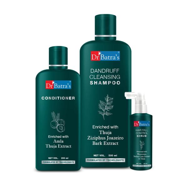 Netmeds | Dr Batra's Dandruff Cleansing Shampoo 500 ml + Conditioner 200 ml + Hair Fall Control Serum 125 ml