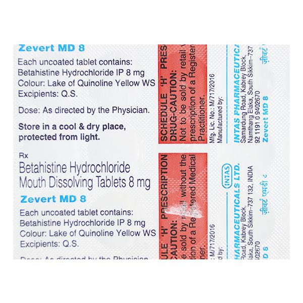 Zevert MD 8mg Tablet 10'S - Vertigo-Ant