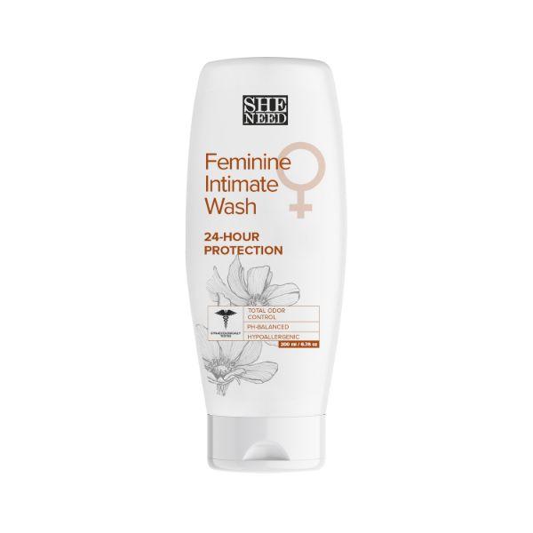 Netmeds | SheNeed 24 Hours Protection Feminine Intimate Wash 100% Natural With Vit E, Aloe Vera And Tea Tree Oil 200 ml