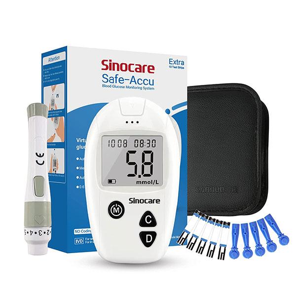 Sinocare Safe Accu Blood Sugar Monitor Test Kit (Test Strips 10's + Lancets 10's) 1's - Blood Glucose Monitors/Strips