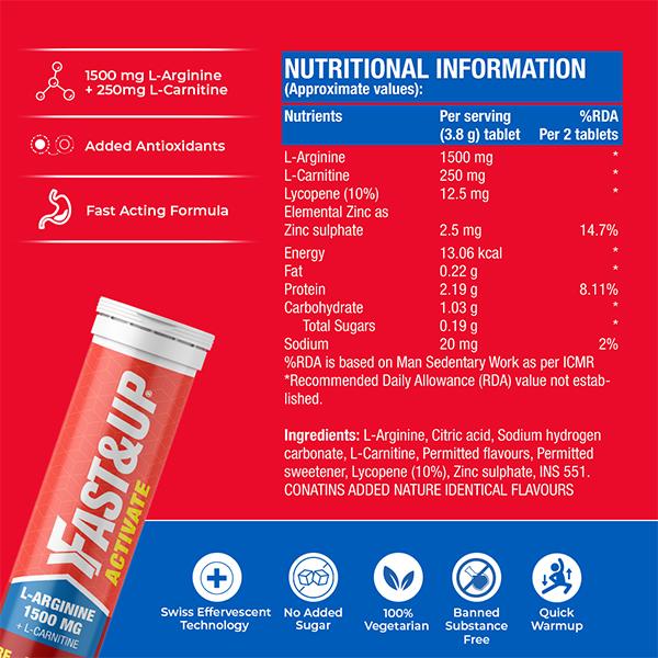 Fast&Up Activate Pre-Training Drink L-Arginine L-Carnitine 1500 mg Effervescent Tablet - Orange Flavour (Pack of 3 x 20) 1's - Workout Essentials