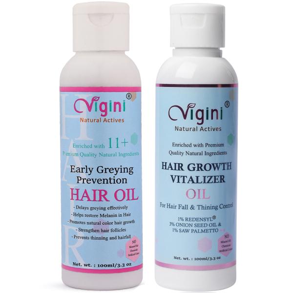 Vigini Natural Actives Hair Growth Vitalizer Oil 100 ml + Early Greying Prevention Hair Oil 100 ml - Hair Serums
