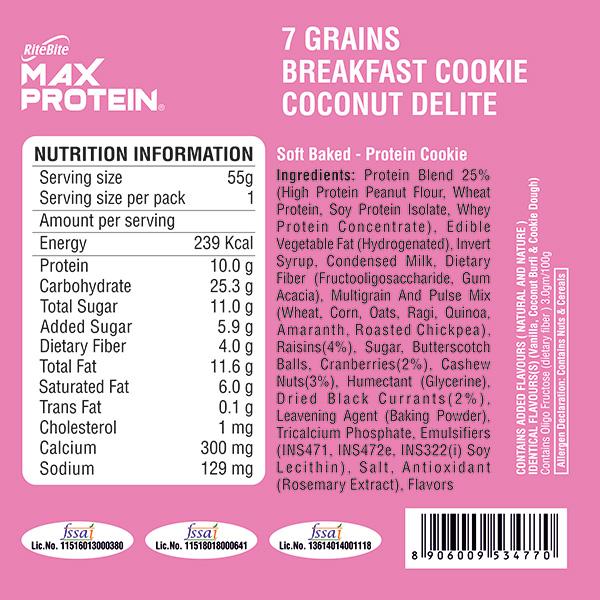 RiteBite Max Protein 7 Grain Breakfast Cookie - Coconut Delite (Pack of 6 x 55 gm) - Nutritional Bars