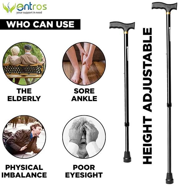 Entros Height Adjustable Walking Stick - Black (KL920L) - Wheelchairs & Walking Sticks