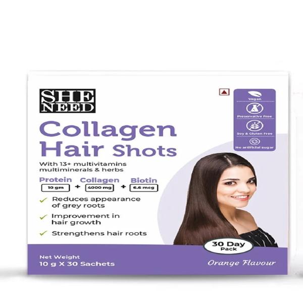 Netmeds | She Need Collagen Hair Shots - Orange Flavour (Pack of 30 x 10 gm) 1's