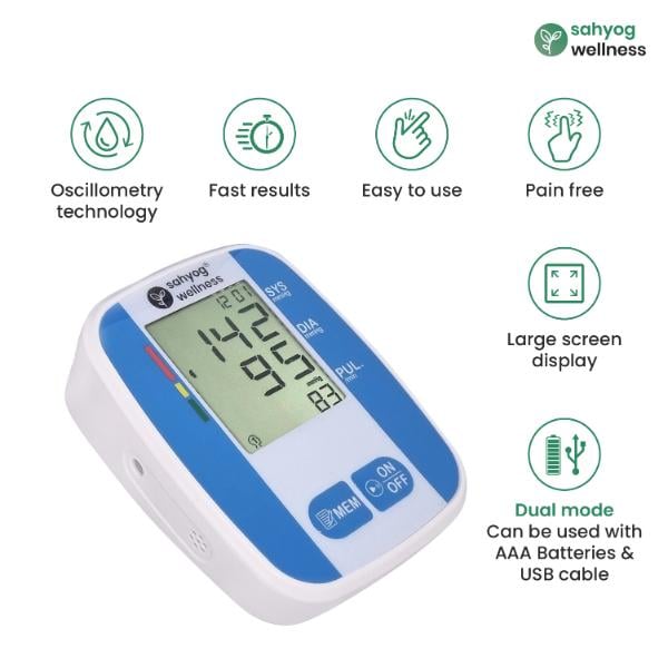 Sahyog Wellness Fully Automatic Upper Arm Digital Blood Pressure Monitor - Blue & Silver (Regular Cuff) (22 - 36 cm) - Blood Pressure Monitors