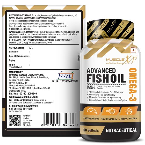 MuscleXP Advanced Fishoil Double Strength Omega 3 Capsule 60's - Omega Fish Oil Fatty Acids