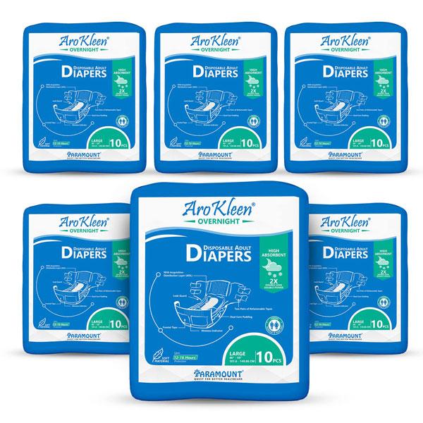 Netmeds | AroKleen Overnight Disposable Adult Diapers (L) (101.6 cm - 149.86 cm) (Pack of 6 x 10's) 1's