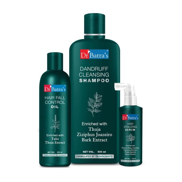 Netmeds | Dr Batra's Dandruff Cleansing Shampoo 500 ml + Hair Fall Control Oil 200 ml + Hair Vitalizing Serum 125 ml