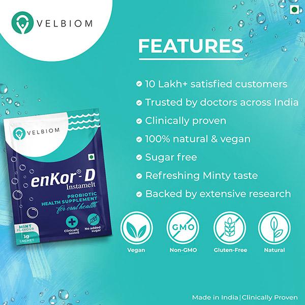 Velbiom Enkor D Instamelt Probiotic Sachet - Mint (10's X 1 gm) - Digestive Health