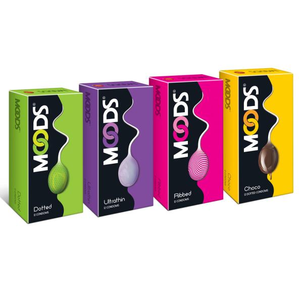 Moods Condoms Combo - Dotted + Ultrathin + Ribbed + Choco (Pack of 12's Each)