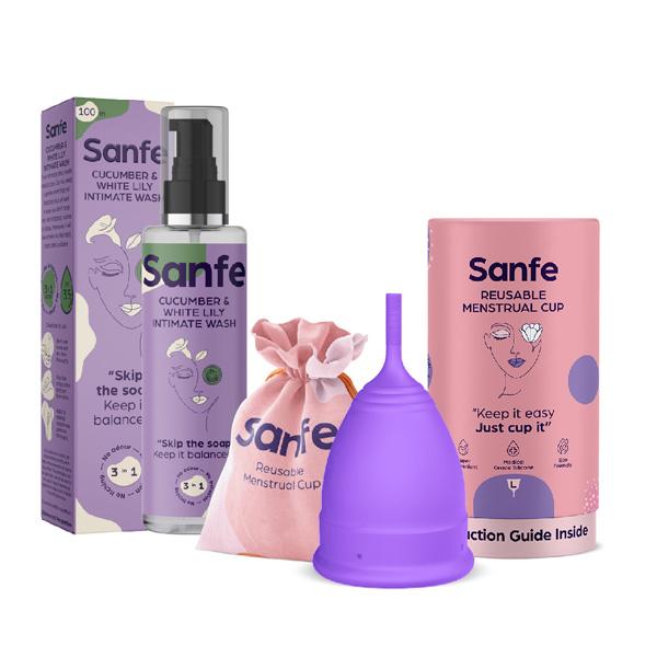Netmeds | Sanfe Worry Free Set (Reusable Menstrual Cup - Large and Intimate Wash - Cucumber & White Lily 100 ml)