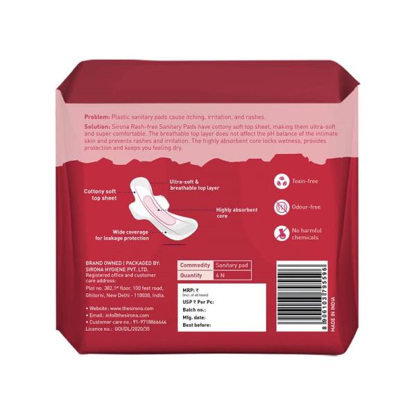 Sirona Cottony Soft Rash Free Sanitary Pads for Women (XL) 4's - Sanitary Napkins