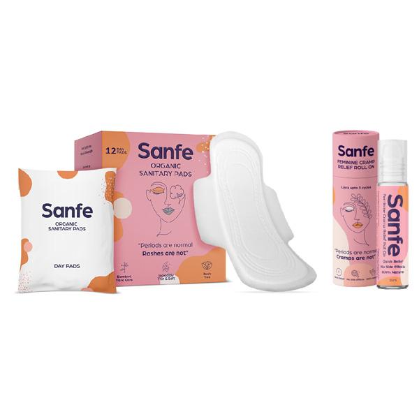 Netmeds | Sanfe Periods Basic Duo (Organic Sanitary Pads - Day Pads 12's and Feminine Cramp Relief Roll On 10 ml)