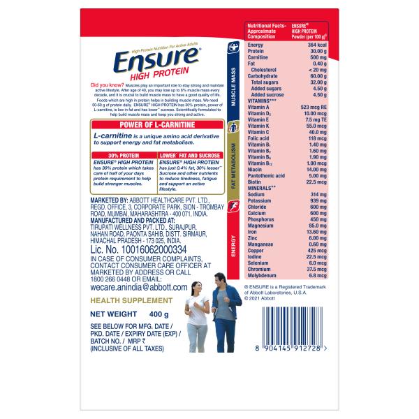 Ensure High Protein Nutrition Powder - Chocolate Flavour 400 gm (Refill Pack) - Daily Health Drinks