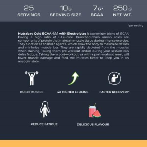 Nutrabay Gold BCAA + Electrolytes Powder - Watermelon (25 Servings) 250 gm - Bcaa Supplements