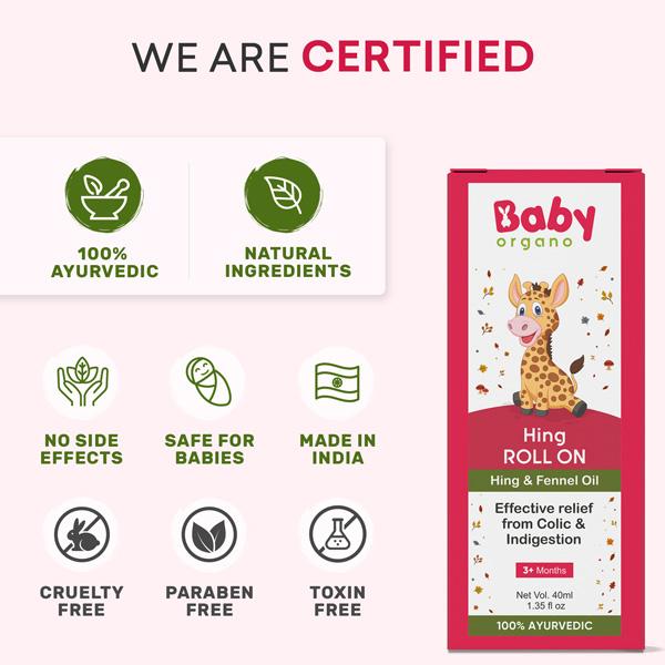 Baby Organo Ayurvedic Hing Fennel Oil Effective Relief from Colin & Indigestion Hing Roll On 40 ml - Pain Relief Oil