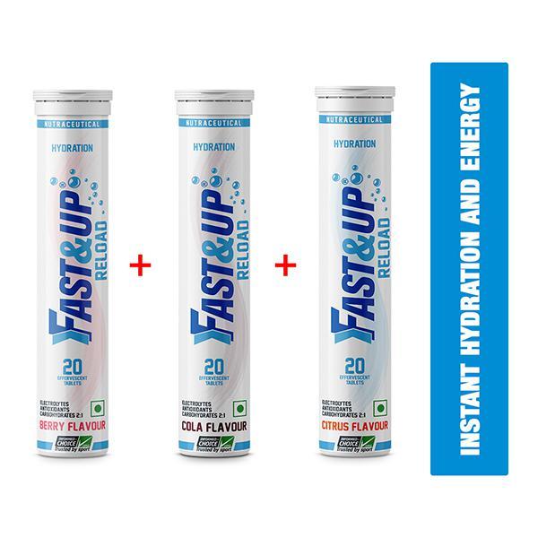 Netmeds | Fast&Up Reload Hydration Effervescent Tablet - Assorted Flavour (Pack of 3 x 20's)