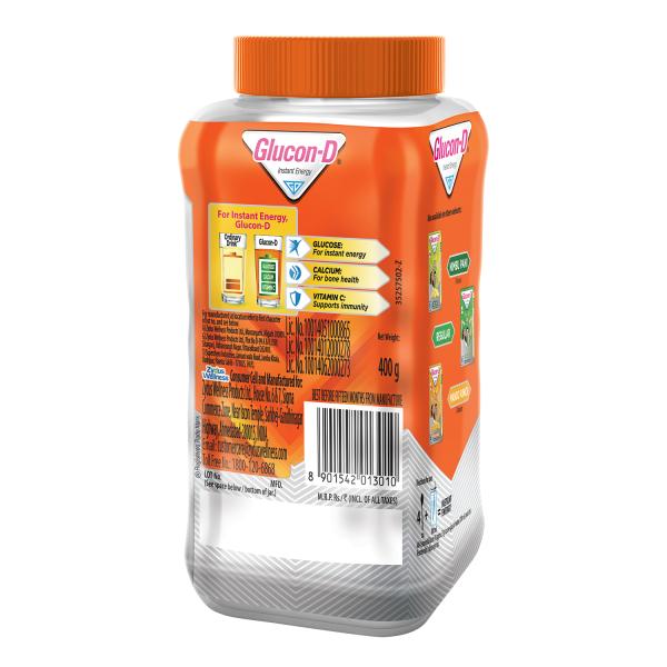 Glucon-D Instant Energy Powder - Tangy Orange (Jar) 400 gm - Energy Drinks