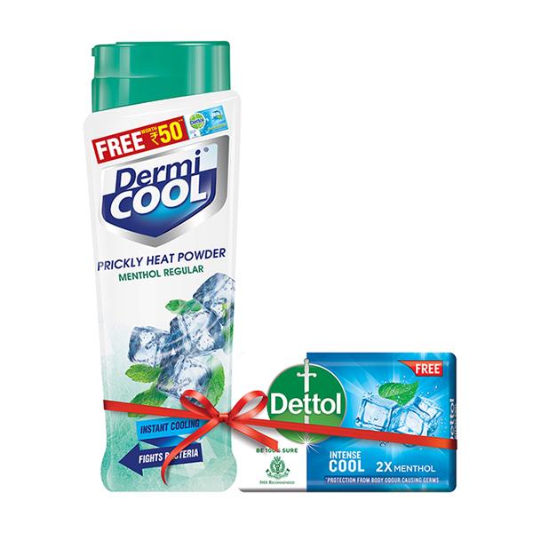 Dermicool Prickly Heat Powder - Menthol Regular 150 gm + Free Dettol Soap - Intense Cool 125 gm - Talcum Powders