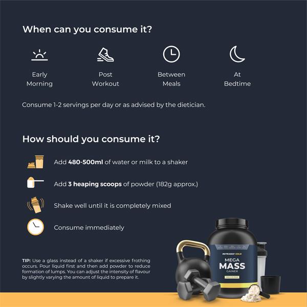 Nutrabay Gold Mega Mass Gainer Powder - Vanilla Ice Cream Flavour 2 kg - Weight Gain