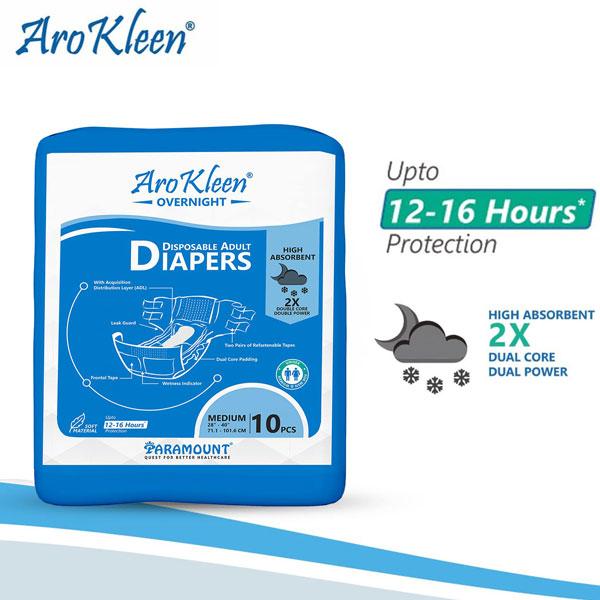 AroKleen Overnight Disposable Adult Diapers (M) (71.1 cm - 101.6 cm) (Pack of 2 x 10's) 1's - Adult Diapers & Pads