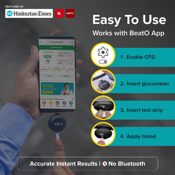 BeatO Curv Glucometer Kit (USB Connected Glucometer 1's + Blood Glucose Test Strips 100's) - Blood Glucose Monitors/Strips