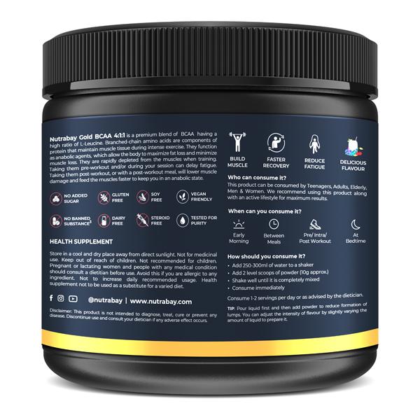 Nutrabay Gold BCAA Amino Acid Powder - Berry Blast Flavour 300 gm - Bcaa Supplements