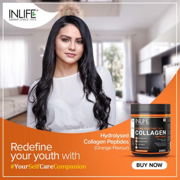 INLIFE Hydrolyzed Collagen Peptides Powder - Orange Flavour 200 gm - Hair & Skin