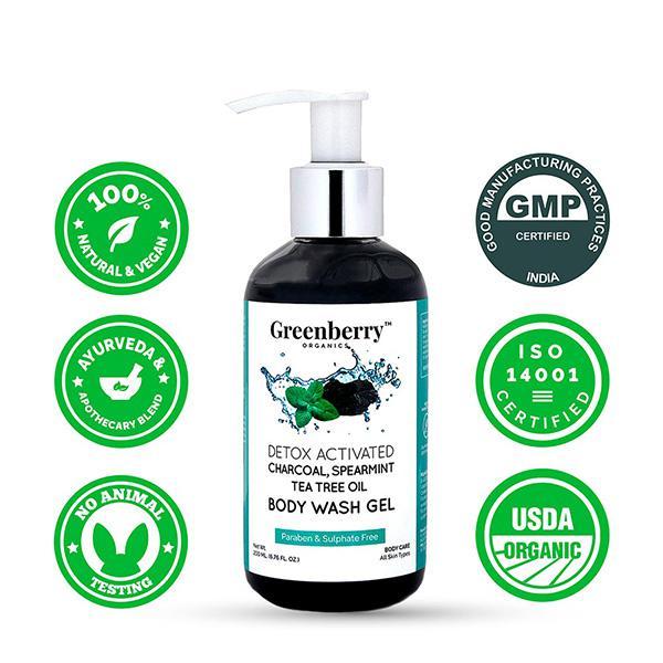 Greenberry Organics Body Wash Gel - Activated Charcoal, Spearmint & Tea Tree Oil 200 ml - Shower Gels & Body Wash