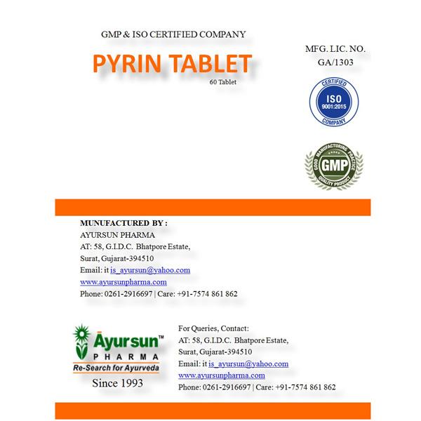 Ayursun Pyrin Tablet 60's - Speciality Medicines