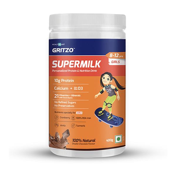 Netmeds | Gritzo SuperMilk Nutrition Drink Powder for Girls (8-12 yrs) - Double Chocolate 400 gm